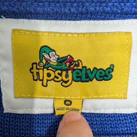 Tipsy Elves T Rex Teddy Bear Christmas Sweater Mens Size Medium Blue Dinosaur - Picture 2 of 7